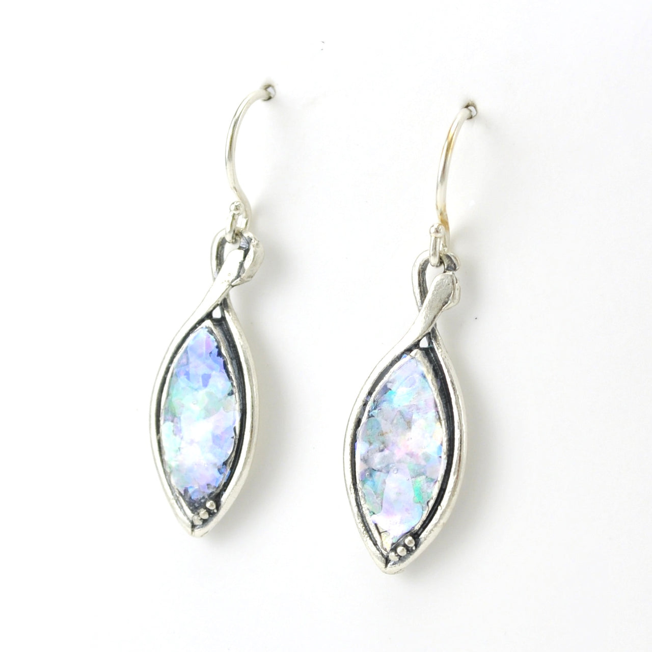 Side View Sterling Silver Roman Glass Marquise Dangle Earrings