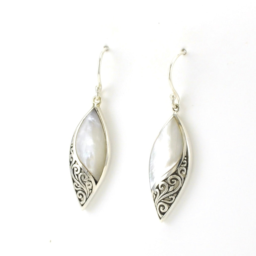 Side View Sterling Silver Mother of Pearl Marquise Bali Earrings