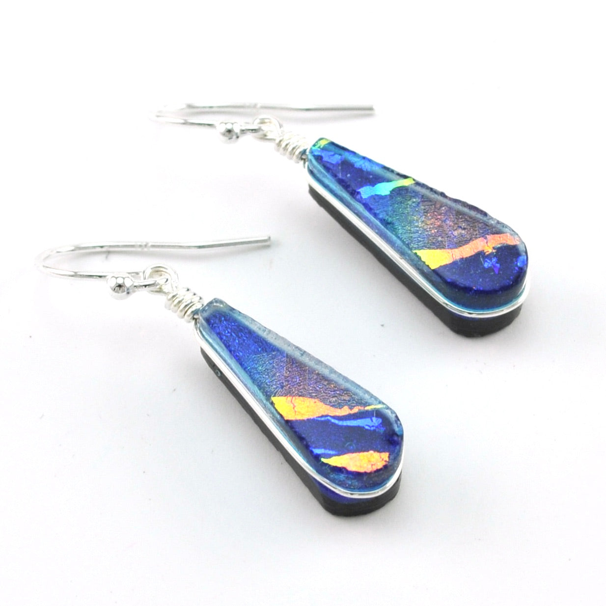 Dichroic Glass Rainbow Blue Tear Dangle Earrings