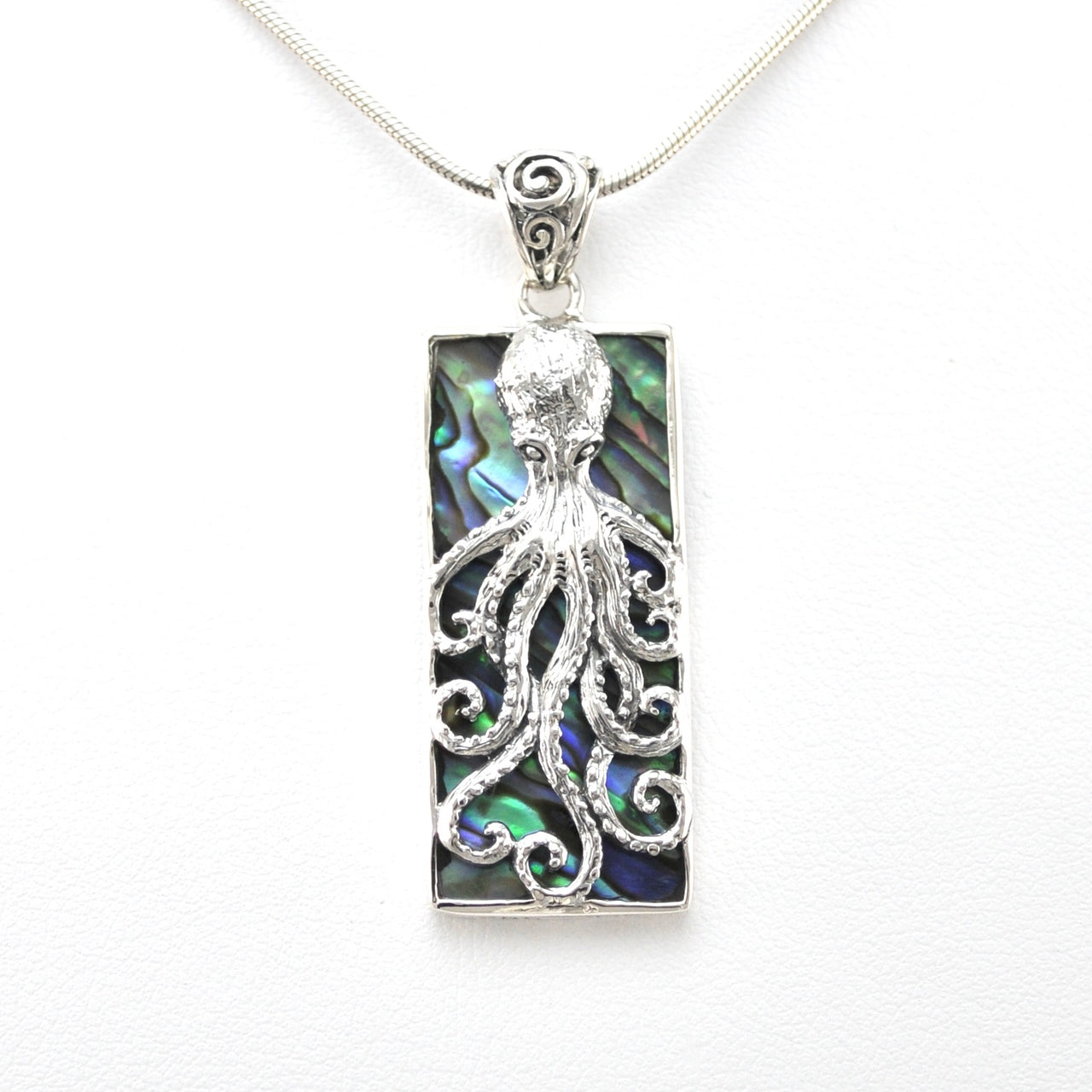 Front View Silver Abalone Octopus Rectangle Pendant