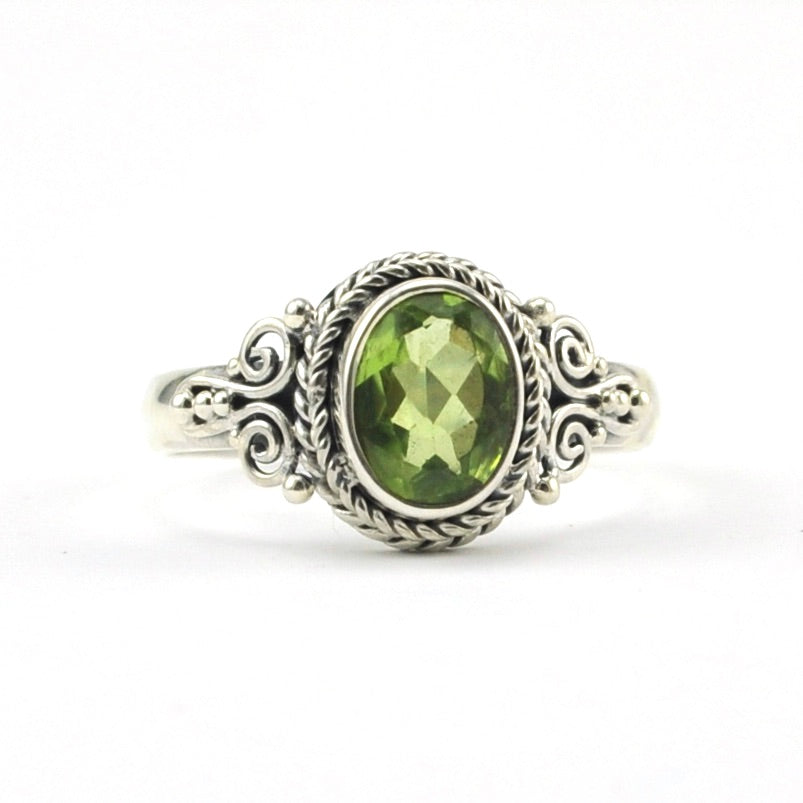 Front View Sterling Silver Peridot 6x8mm Oval Bali Ring 