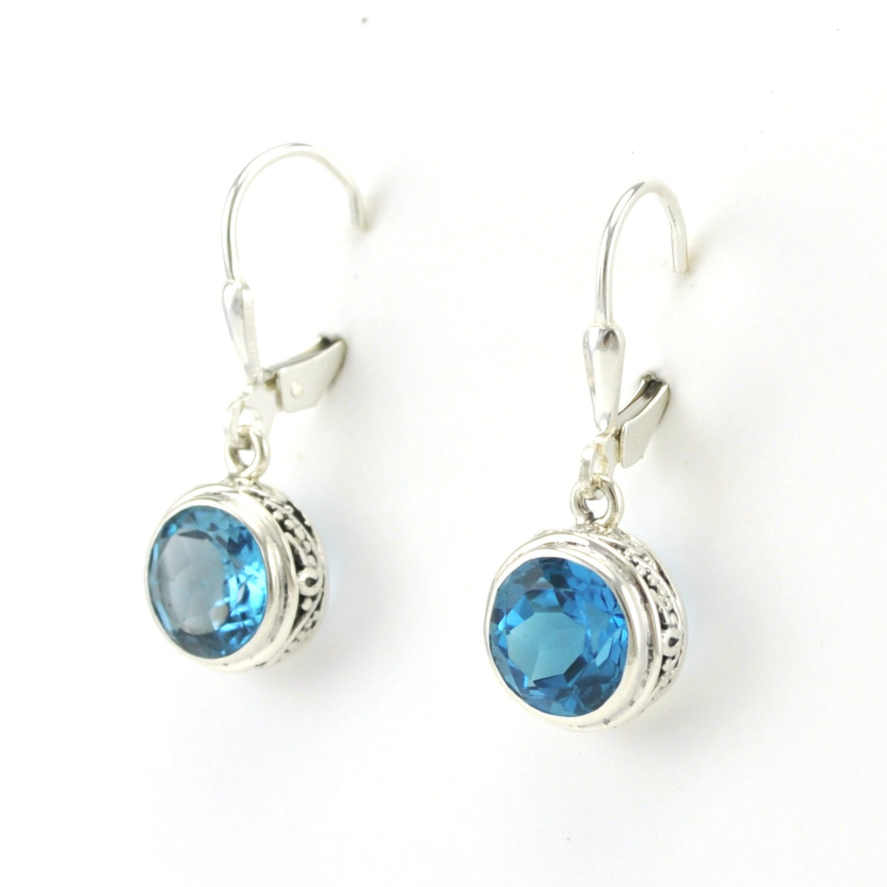 Side View Sterling Silver Blue Topaz 8mm Round Bali Dangle Earrings