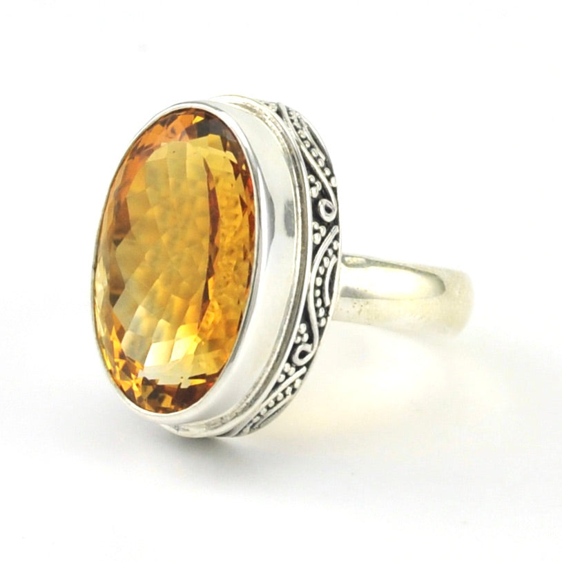 Side View Sterling Silver Citrine 11x18mm Oval Bali Ring