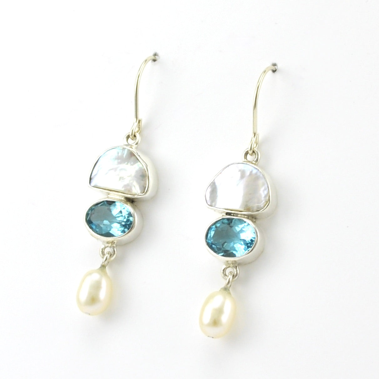 Side View Sterling Silver Keshi Pearl Topaz Pearl Drop Earrings