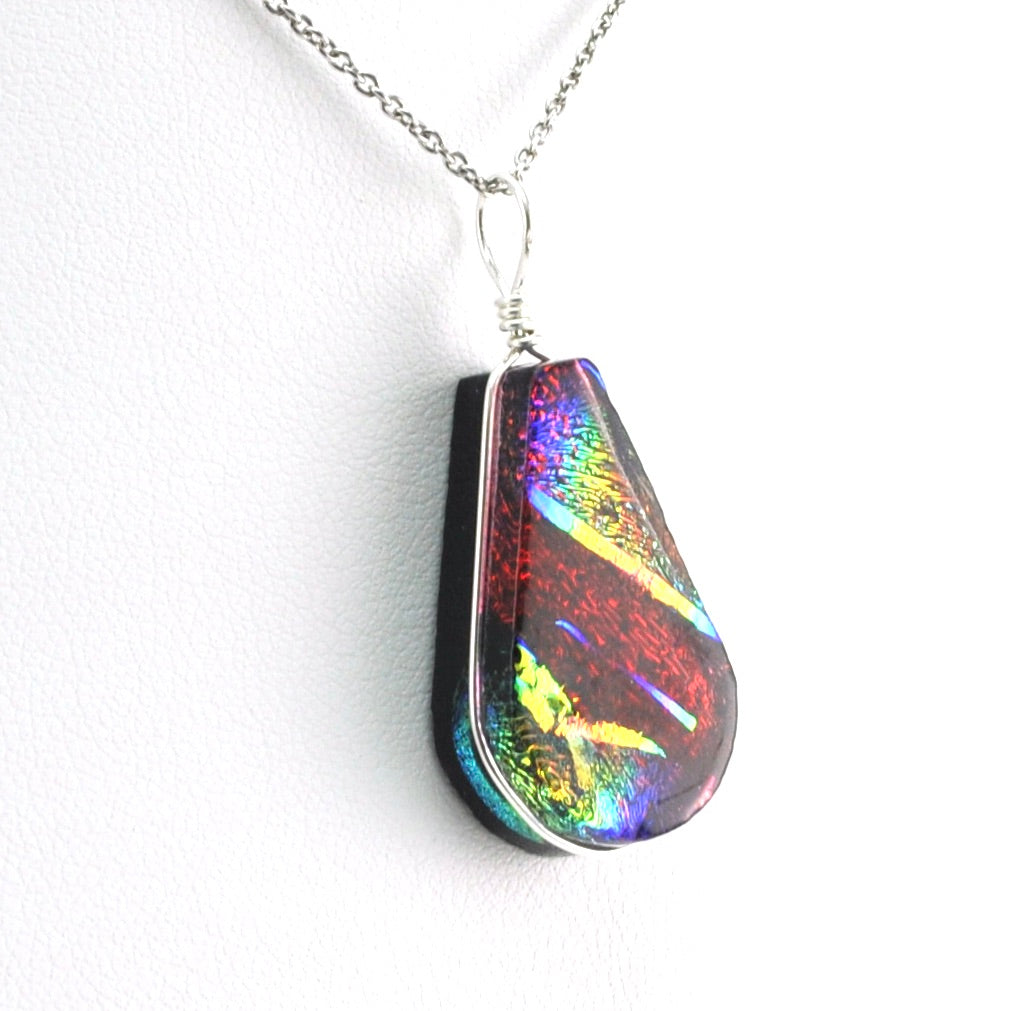 Side View Dichroic Glass Rainbow Red Teardrop Pendant