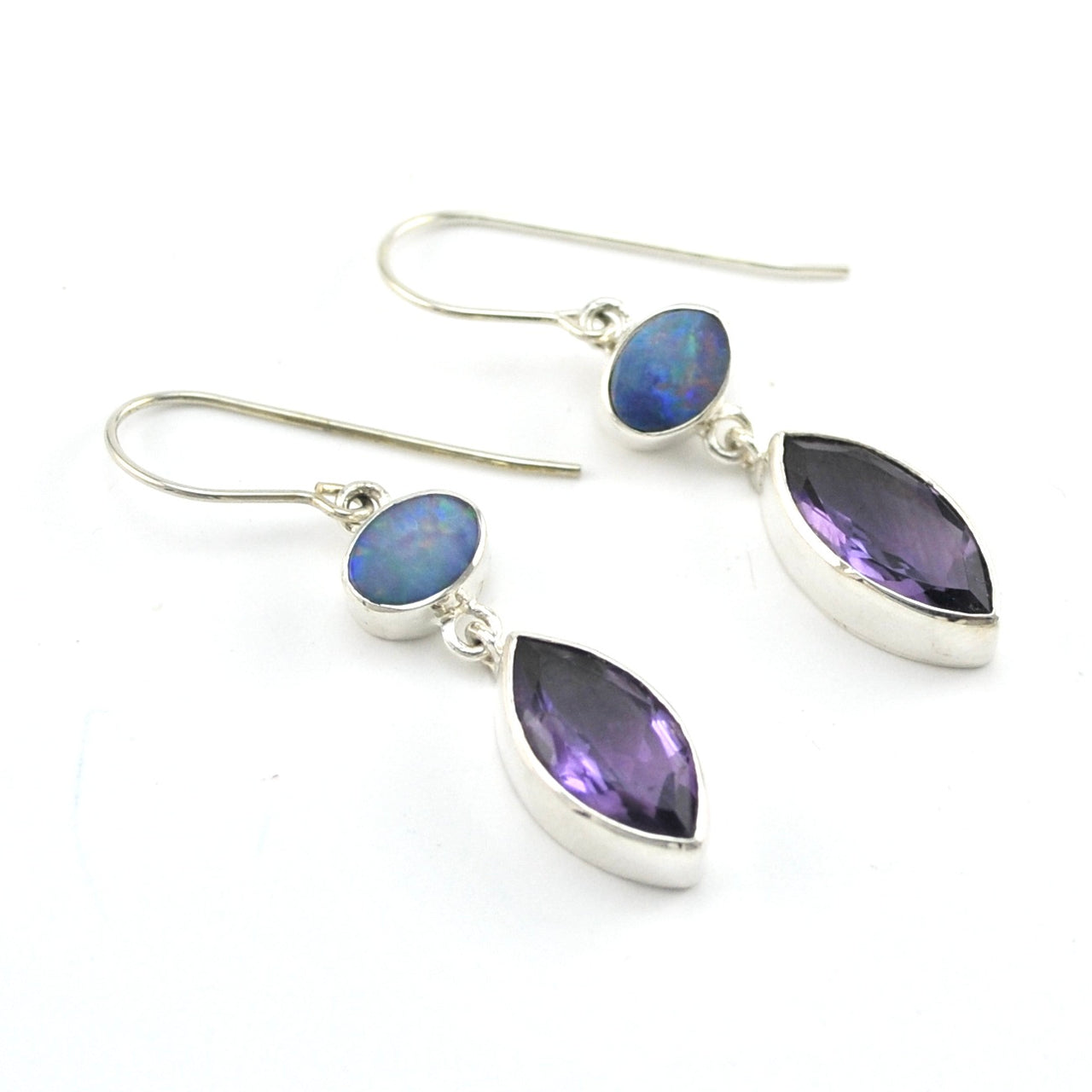 Silver Australian Opal Amethyst Dangle Earrings