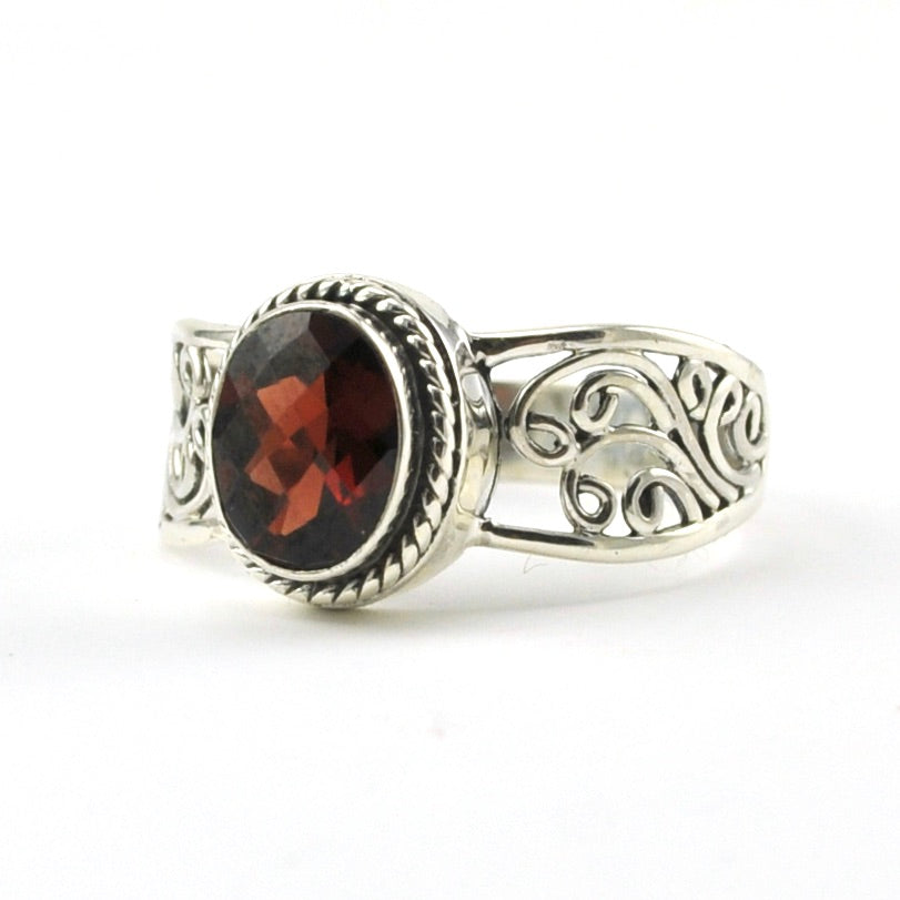 Sterling Silver Garnet 6x8mm Oval Scroll Ring