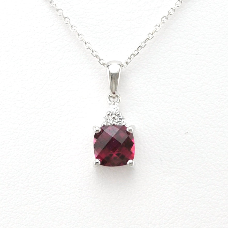 Front View Silver Created Ruby 1ct Square with Cubic Zirconia Necklace