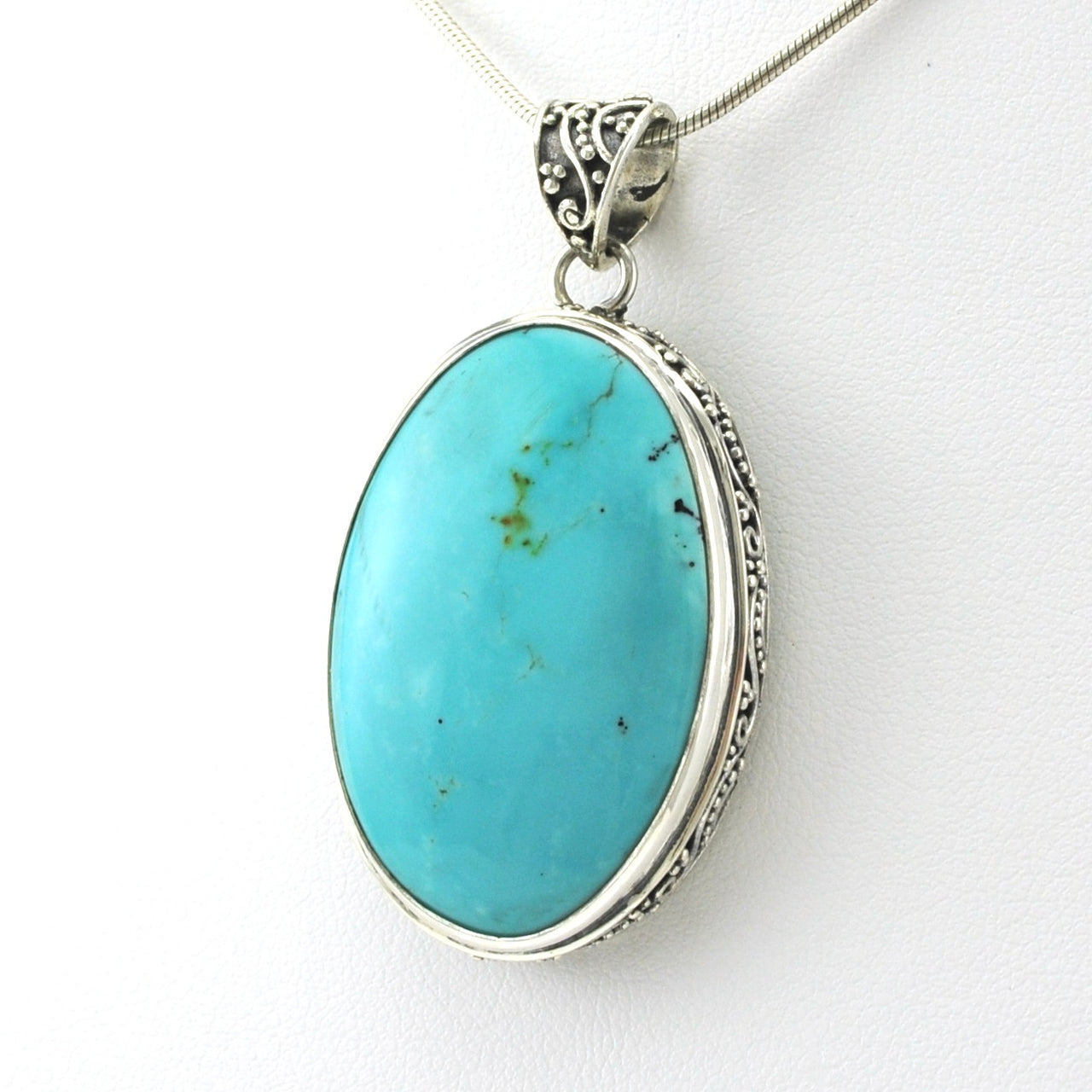 Silver Arizona Turquoise 22x34mm Oval Bali Pendant