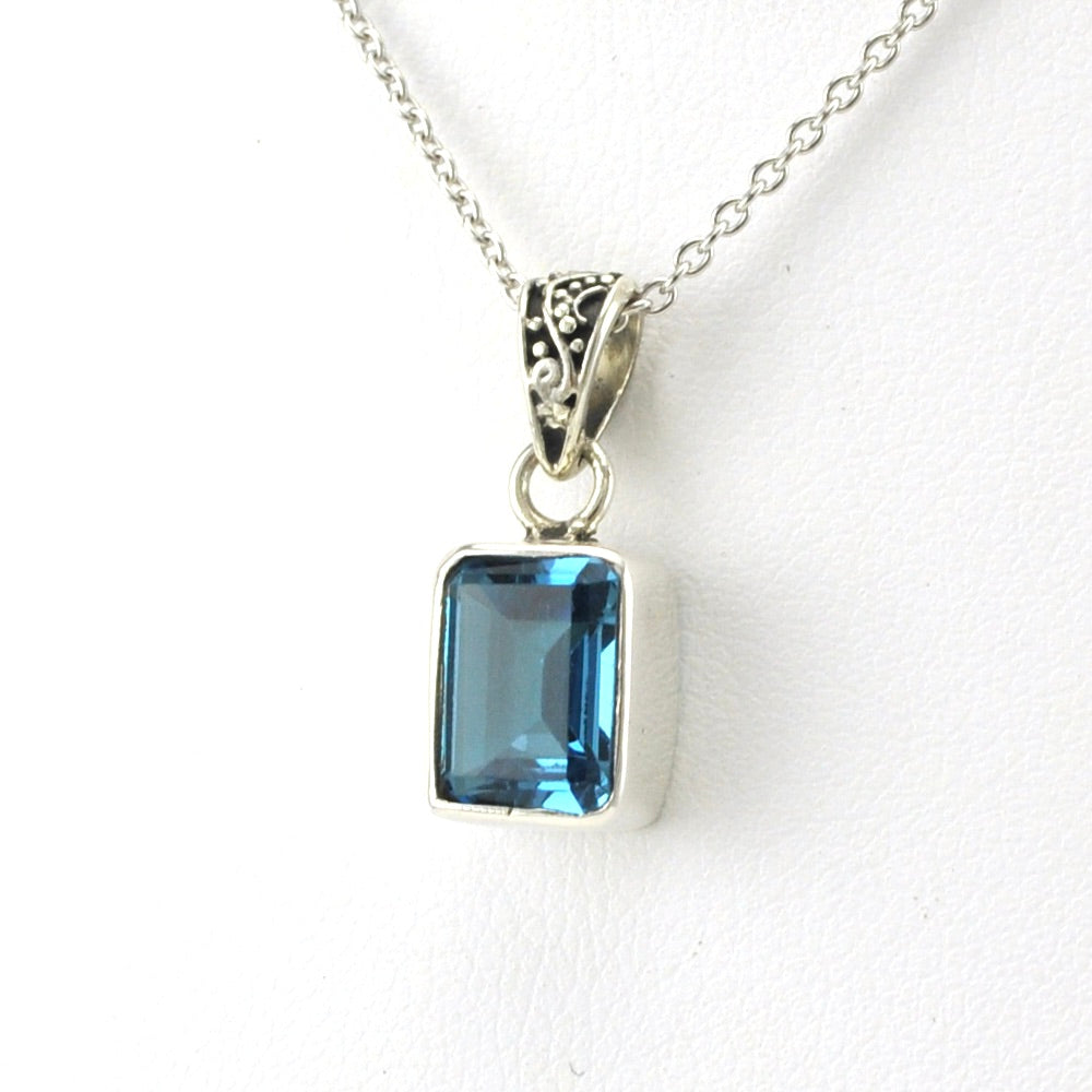 Side View Sterling Silver Blue Topaz 7x9mm Rectangle Bali Necklace