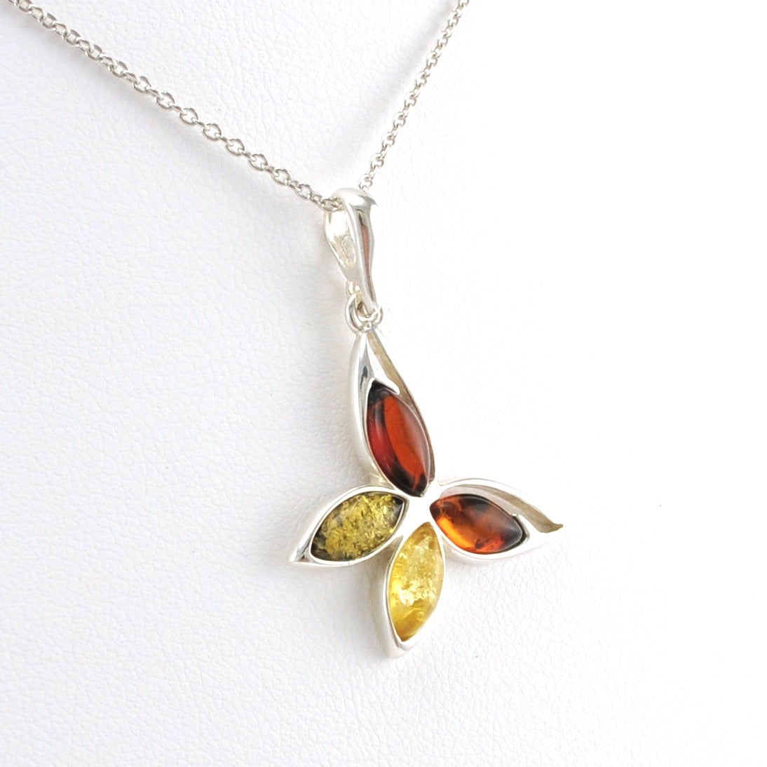 Side View Sterling Silver Multicolored Amber Butterfly Necklace