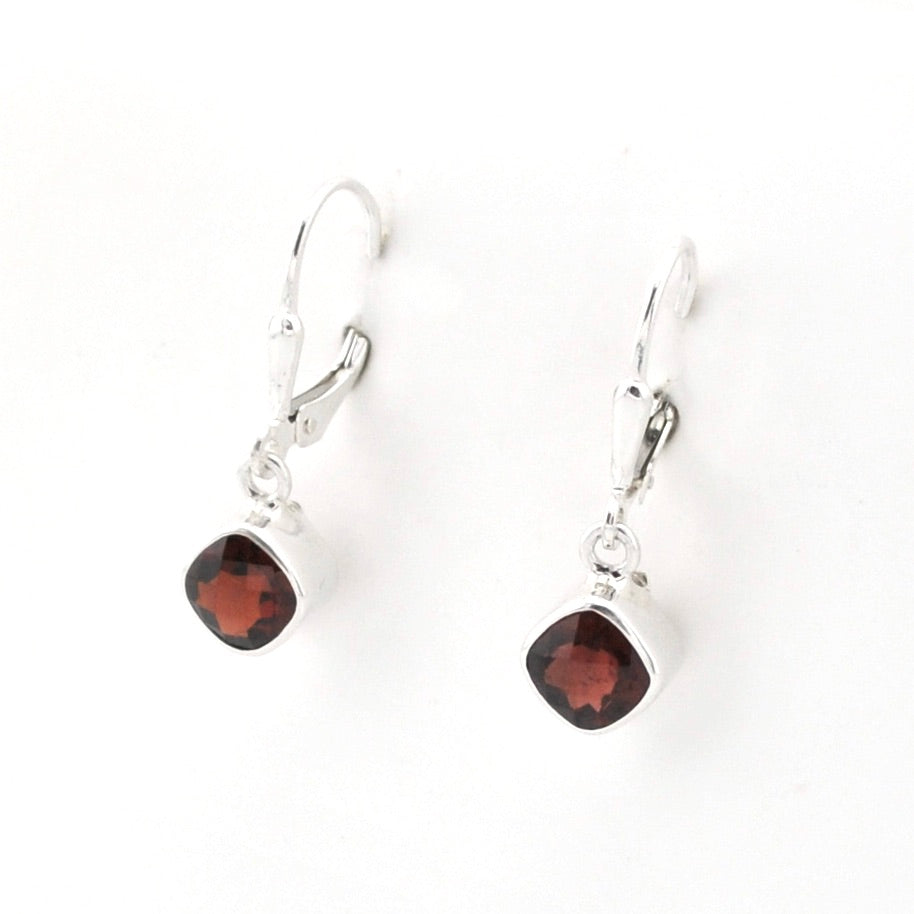 Sterling Silver Garnet 6mm Square Dangle Earrings
