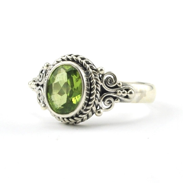 Sterling Silver Peridot 6x8mm Oval Bali Ring 