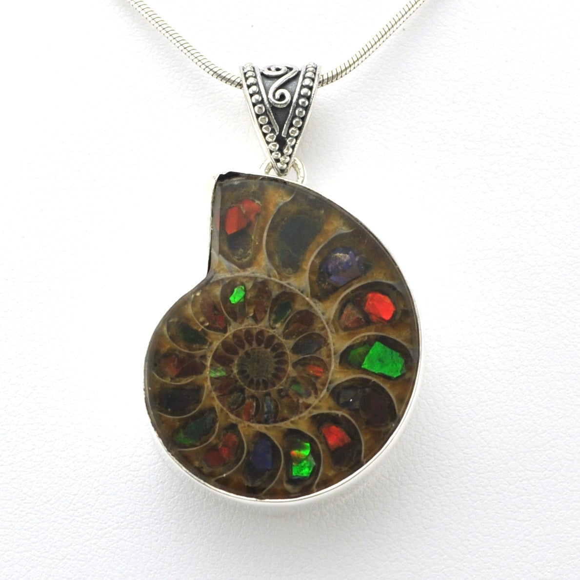 Alternent View Silver Ammonite with Inlaid Ammolite Pendant