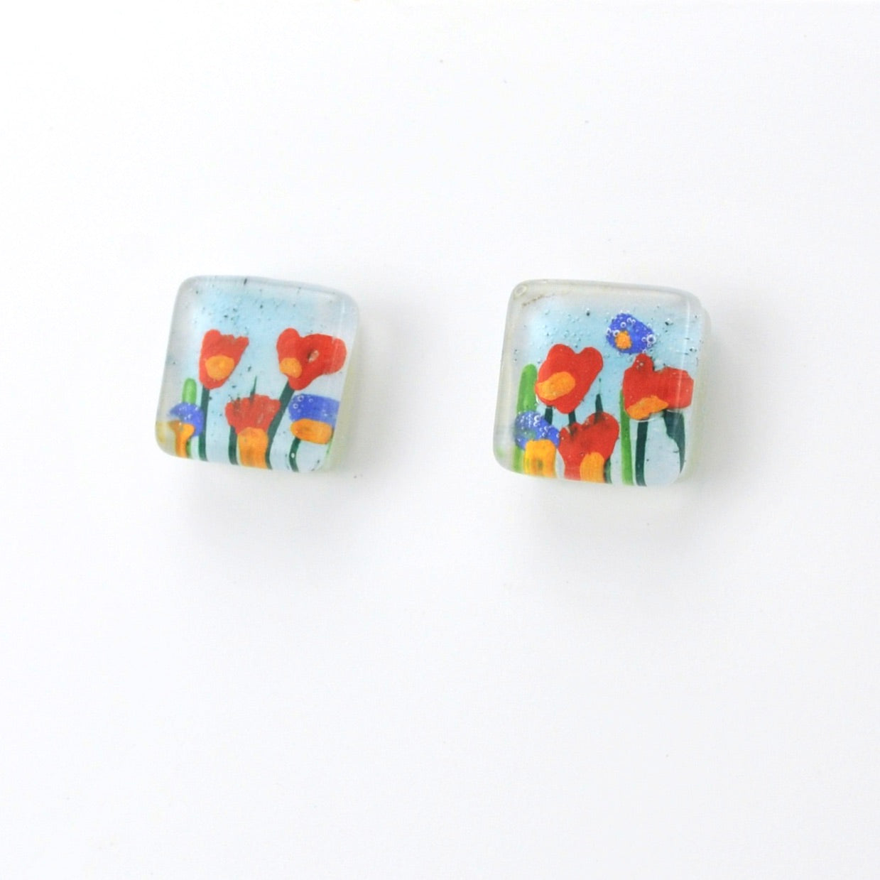 Side View Glass Stream Flowers Post Earrings