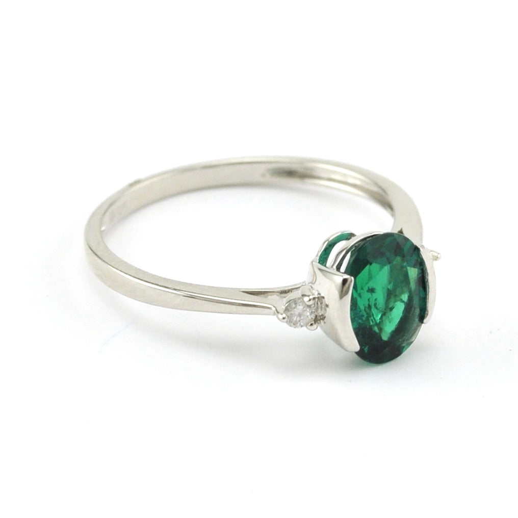 Alt View Sterling Silver Created Emerald 1.1ct Oval Diamond .06 Ring