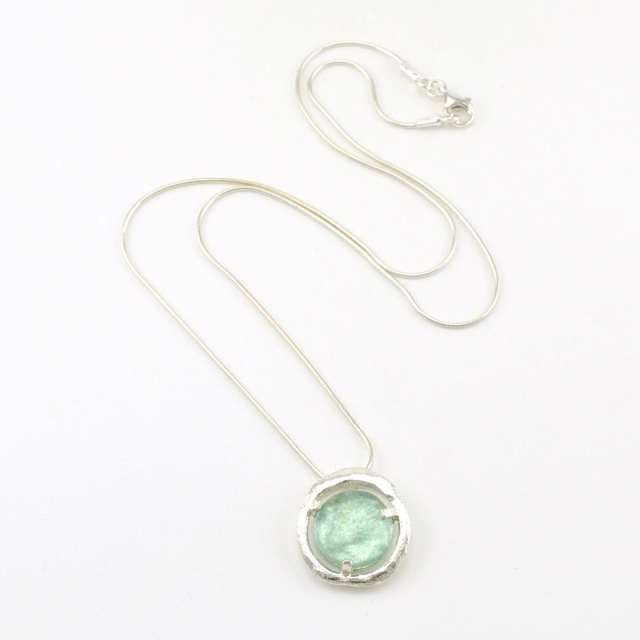 Sterling Silver Aqua Roman Glass Circle Necklace