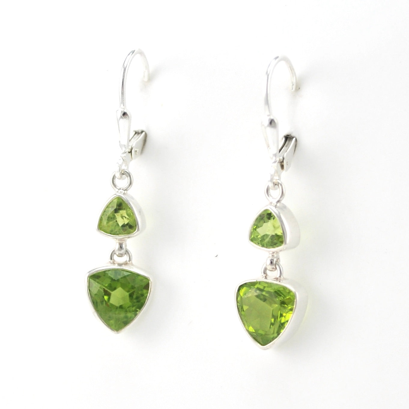 Side View Silver Peridot 2 Trillion Dangle Earrings