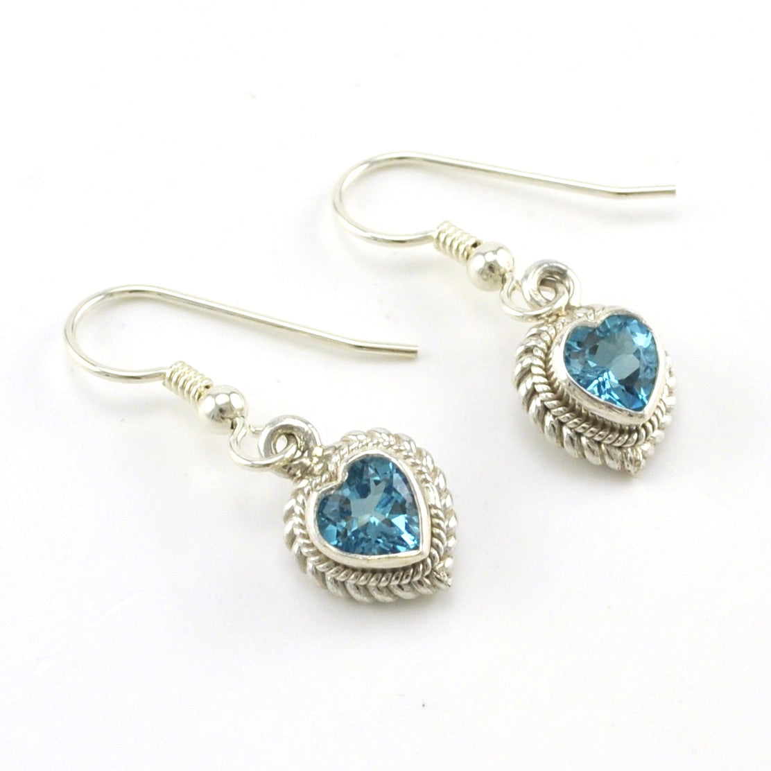 Sterling Silver Blue Topaz 6mm Heart Dangle Earrings