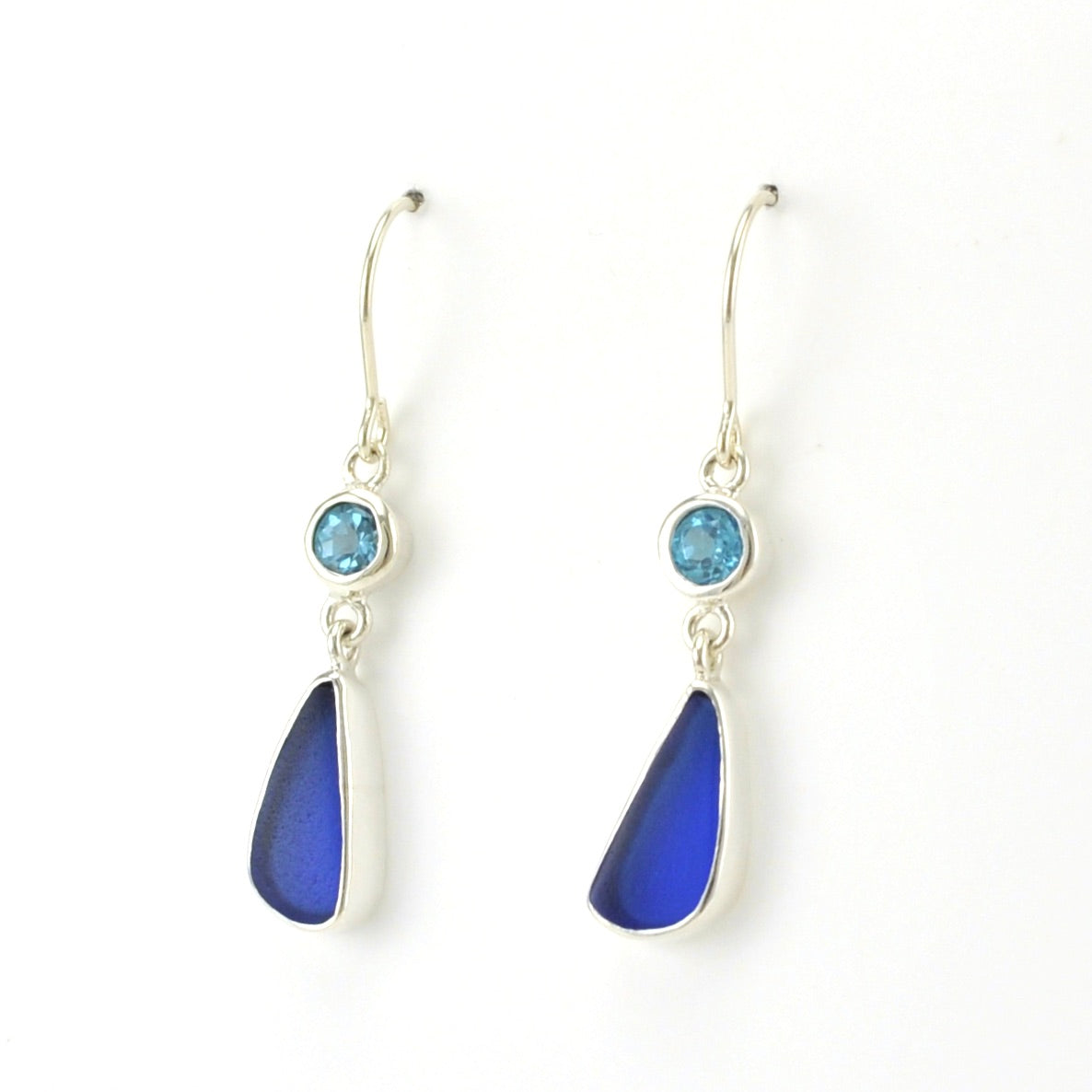 Side View Sterling Silver Blue Topaz Cobalt Sea Glass Earrings