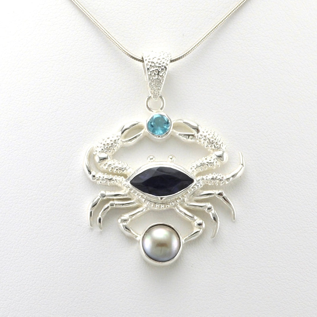 Alt View Sterling Silver Iolite Topaz Pearl Crab Pendant