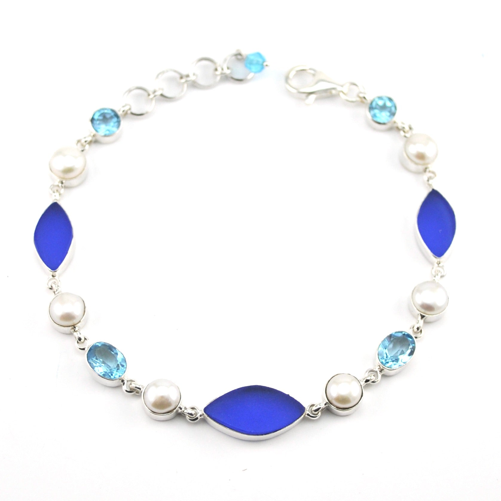 Silver Cobalt Sea Glass Blue Topaz Pearl Bracelet