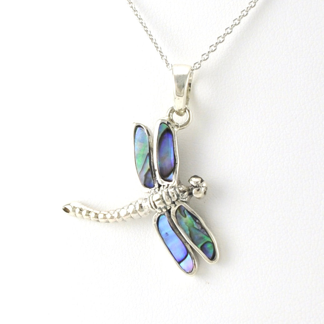 Side View Sterling Silver Abalone Dragonfly Necklace