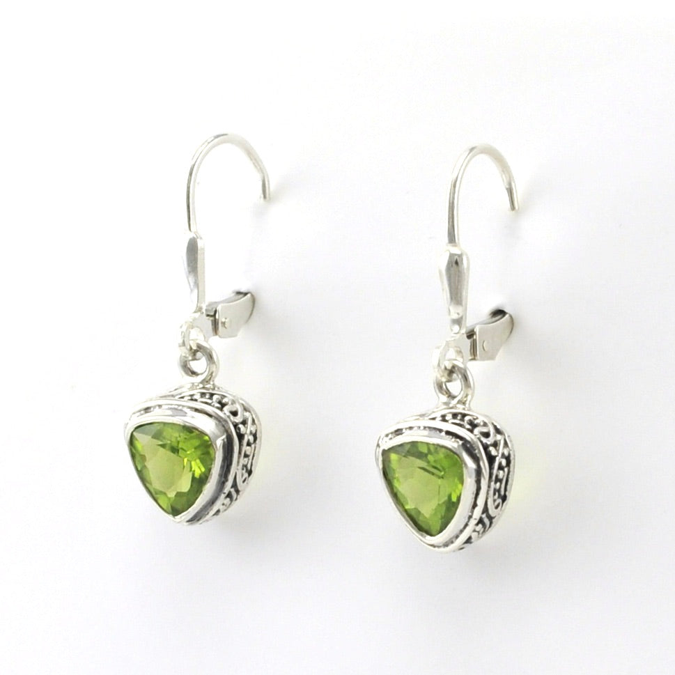 Sterling Silver Peridot 7mm Trillion Bali Dangle Earrings