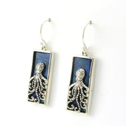 Side View Sterling Silver Blue Abalone Octopus Rectangle Earrings