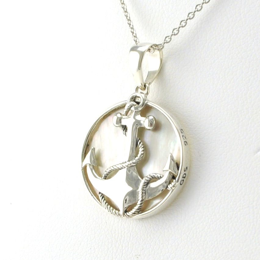 Side View Sterling Silver Mother of Pearl Anchor Necklace