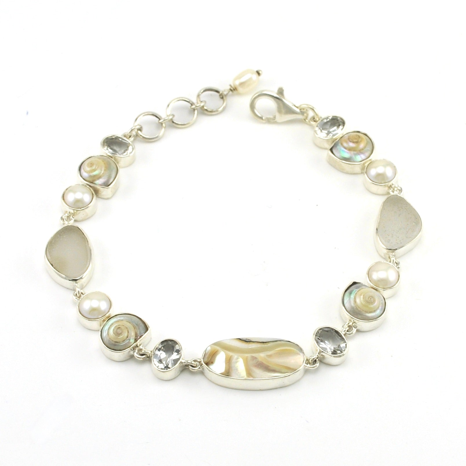 Sterling Silver Nautilus Topaz Sea Shell Pearl Bracelet