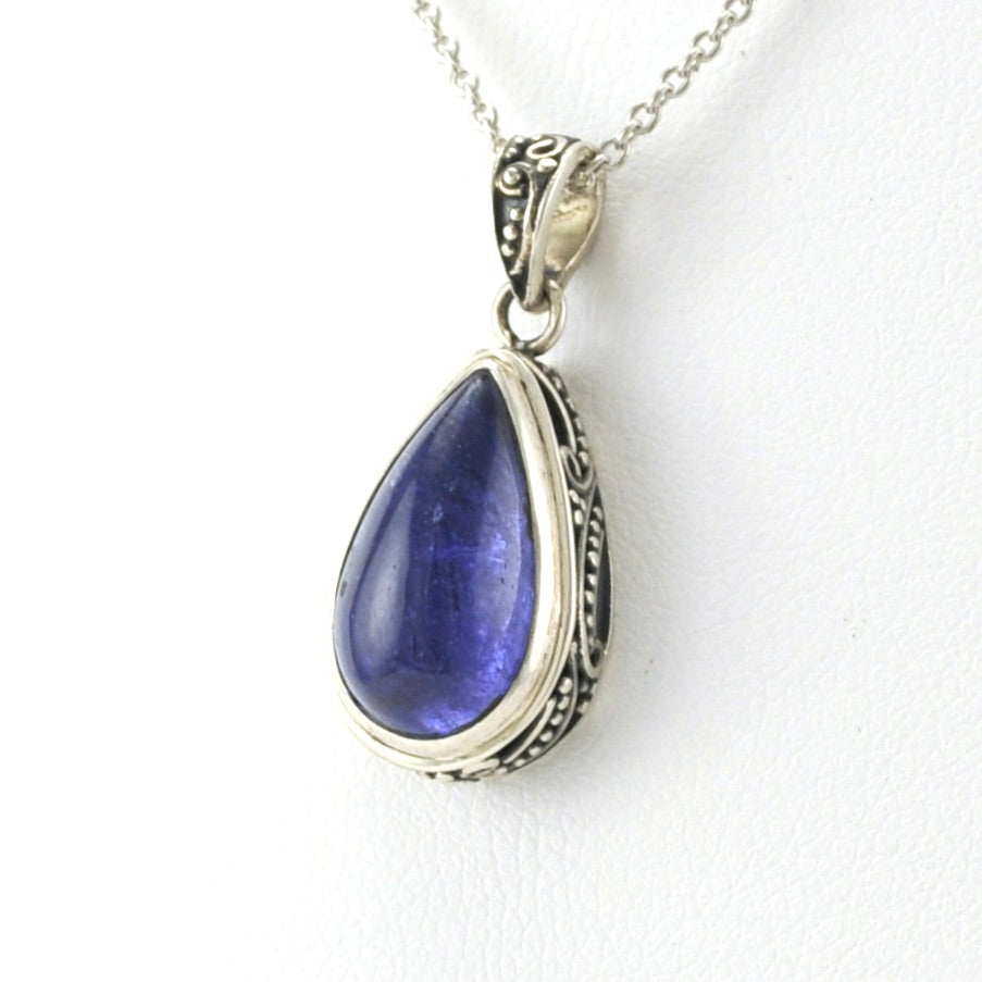 Side View Sterling Silver Tanzanite 9x14mm Cabochon Tear Bali Necklace