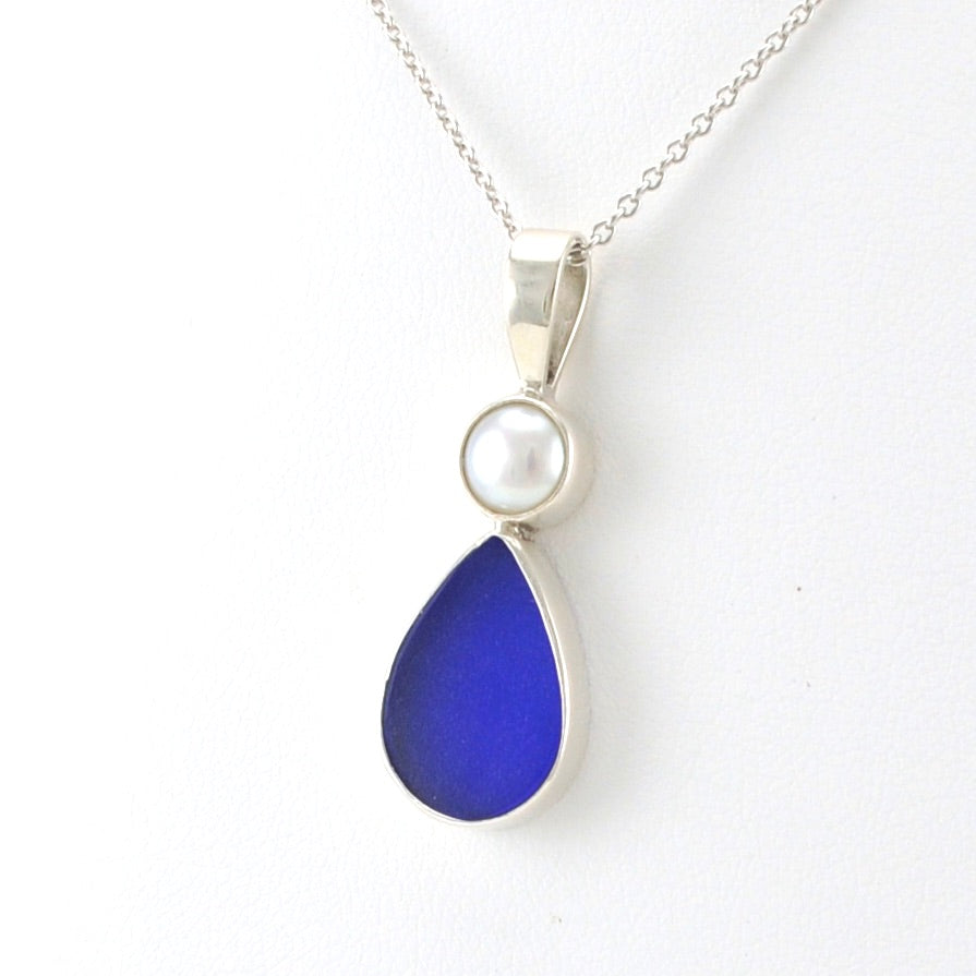 Sterling Silver Pearl Cobalt Sea Glass Necklace