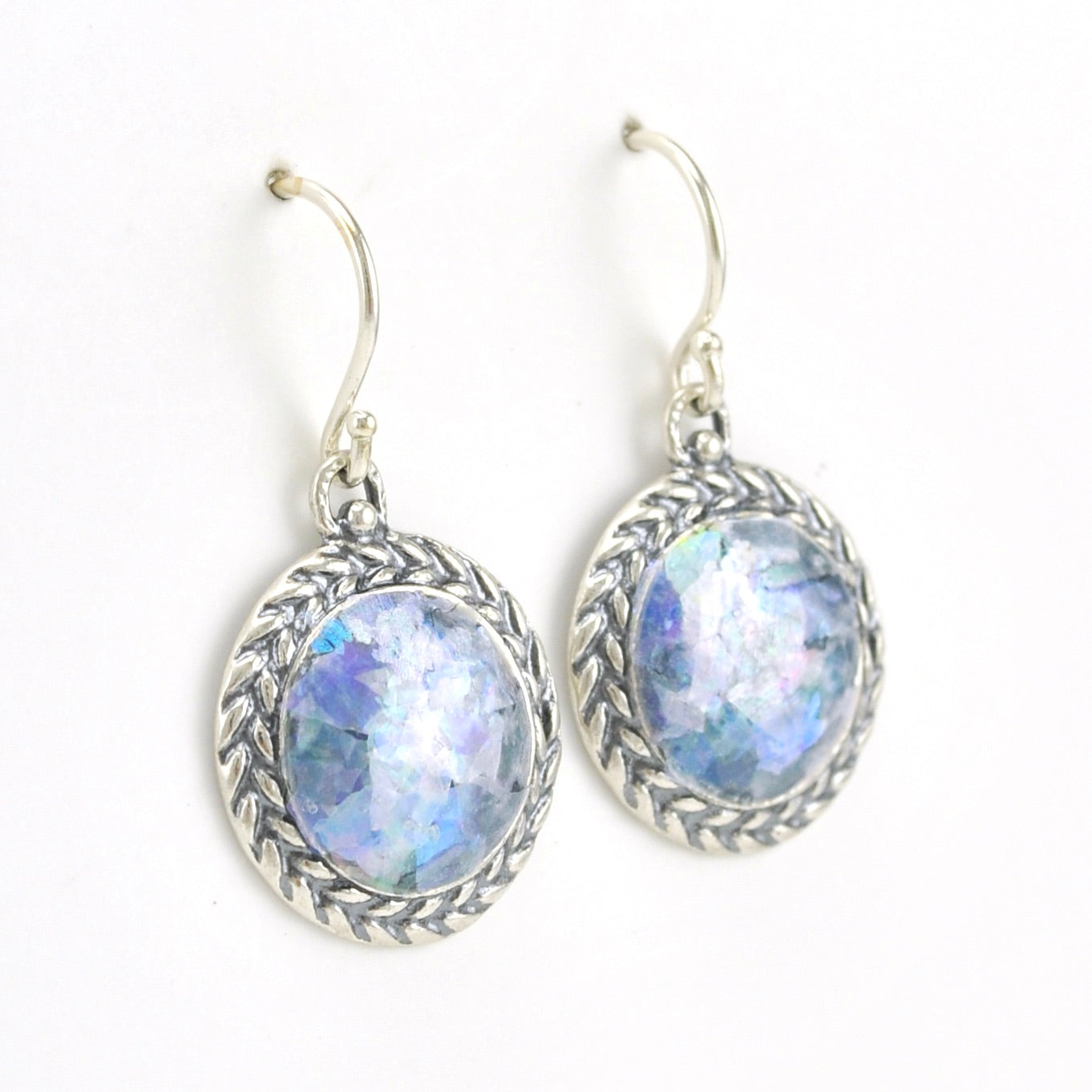 Side View Sterling Silver Roman Glass Round Dangle Earrings