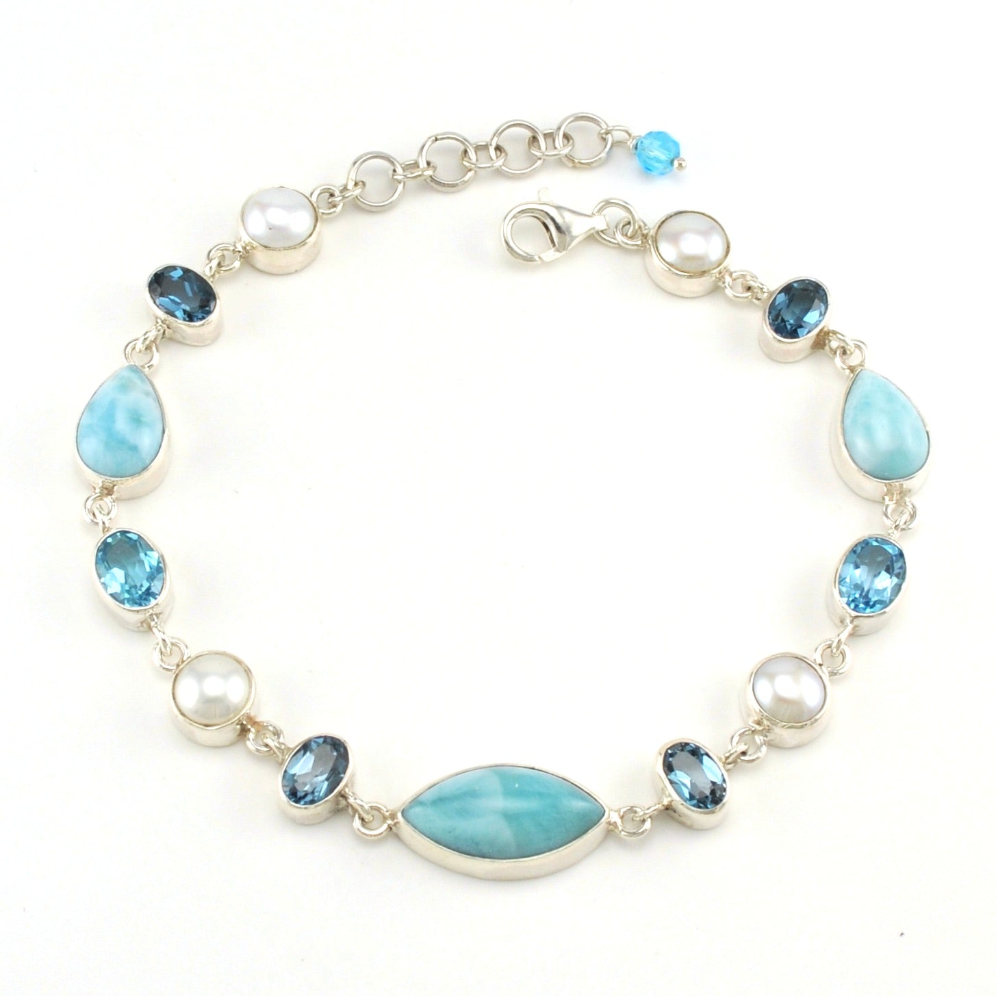 Sterling Silver Blue Topaz Larimar Pearl Bracelet