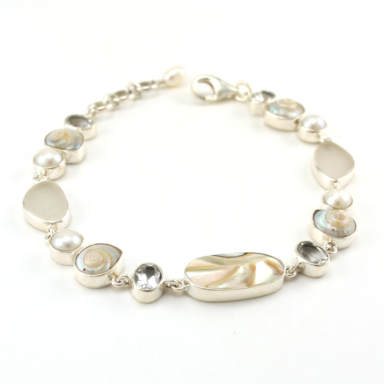 Alt View Sterling Silver Nautilus Topaz Sea Shell Pearl Bracelet