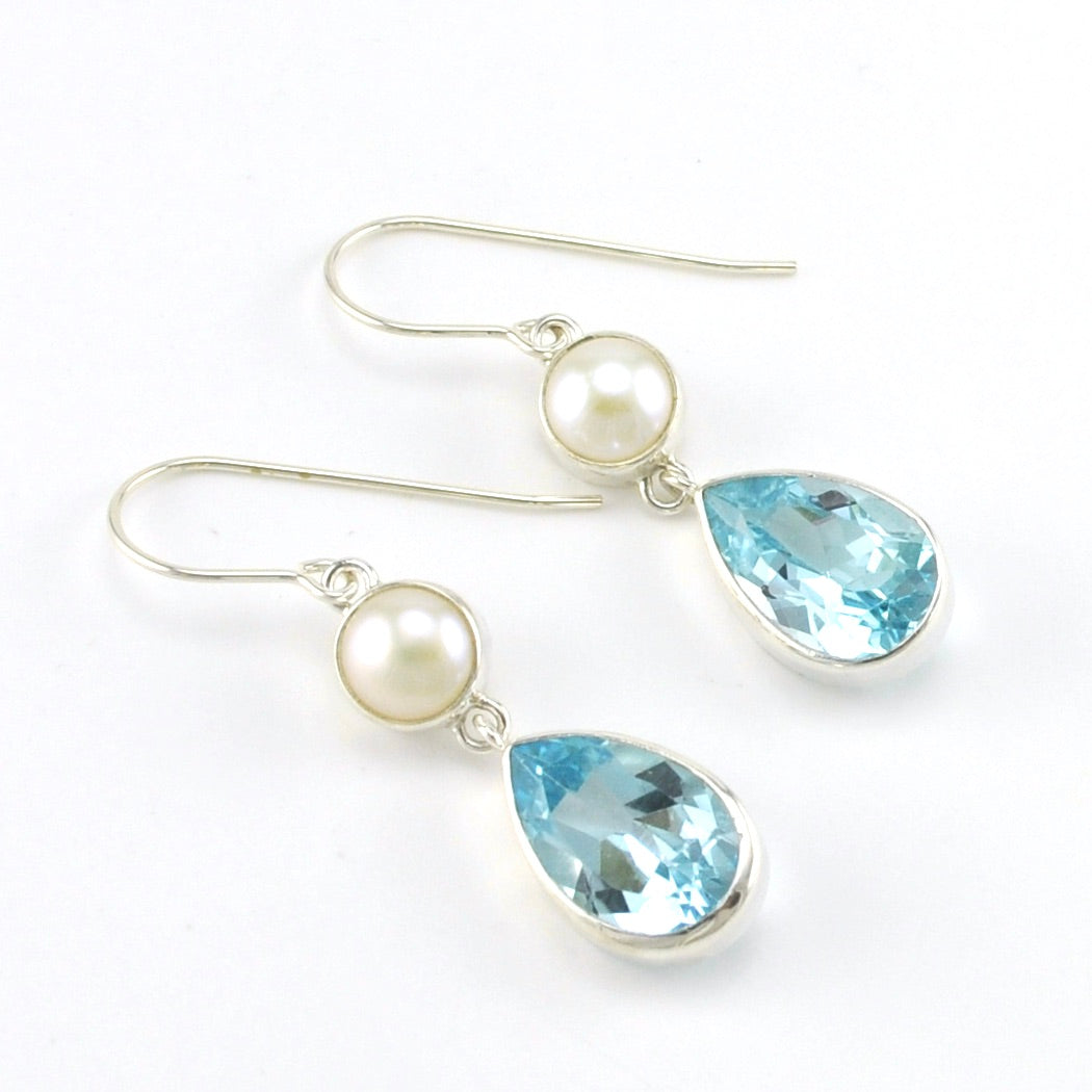 Sterling Silver Pearl Blue Topaz Earrings