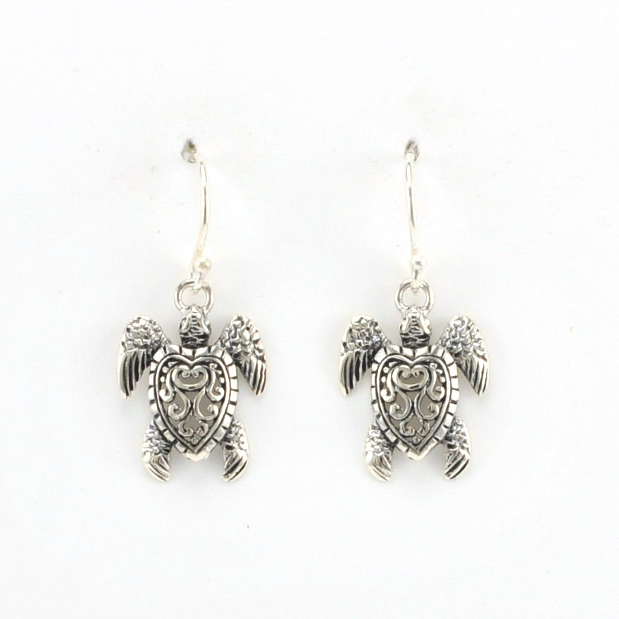 Sterling Silver Sea Turtle Bali Dangle Earrings