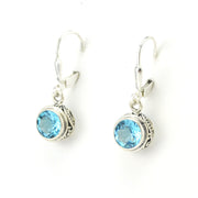Side View Sterling Silver Blue Topaz 7mm Round Bali Dangle Earrings