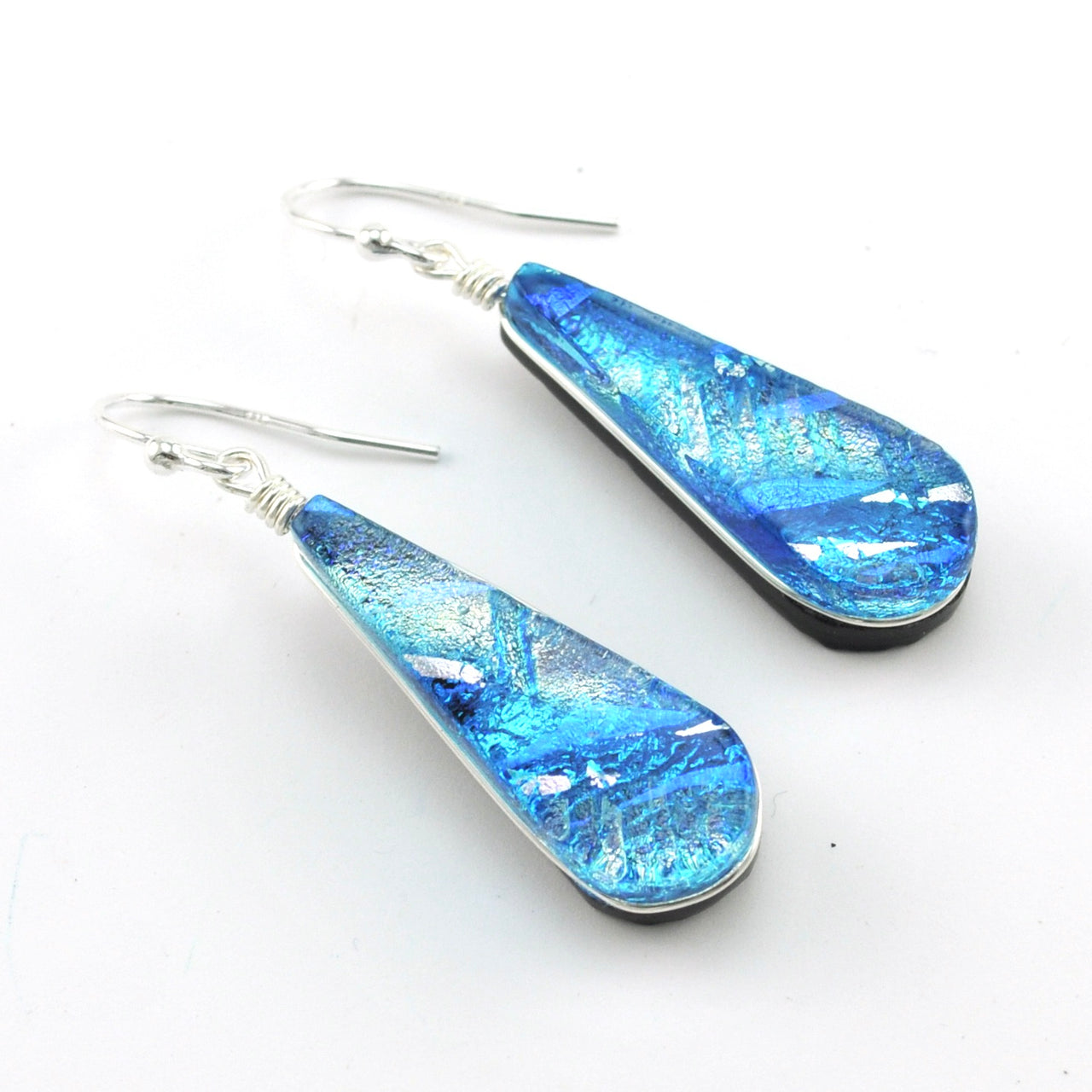 Dichroic Glass Sea Blue Teardrop Dangle Earrings