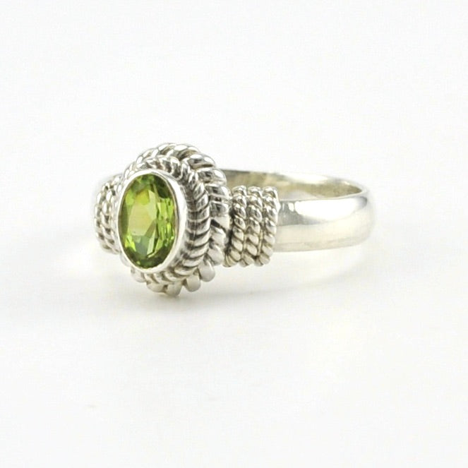 Side View Sterling Silver Peridot 4x6mm Oval Rope Ring 