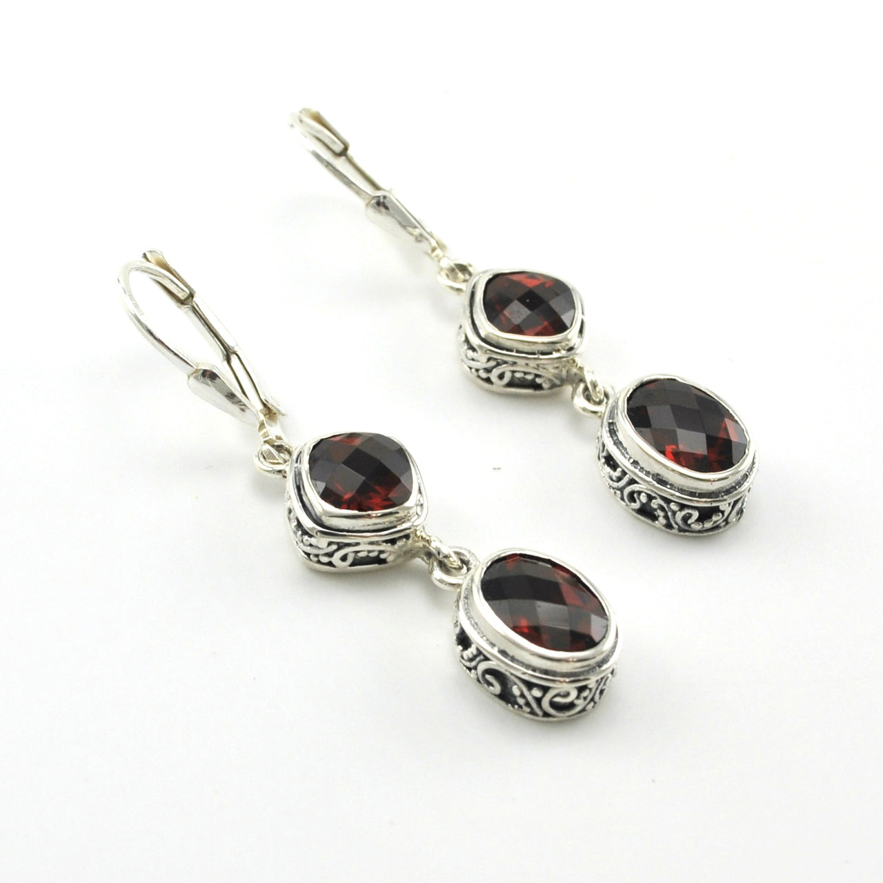 Sterling Silver Garnet Square Oval Bali Dangle Earrings