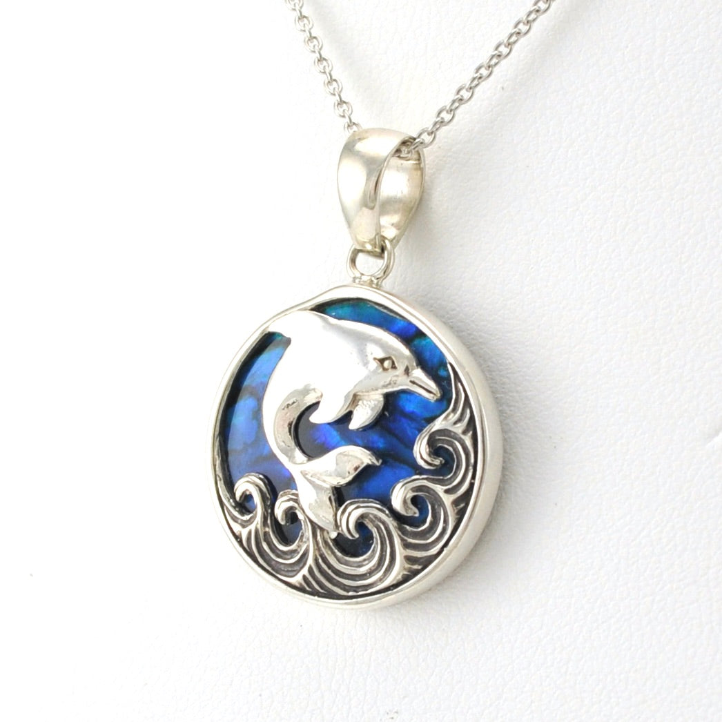 Side View Sterling Silver Blue Abalone Dolphin on Wave Necklace