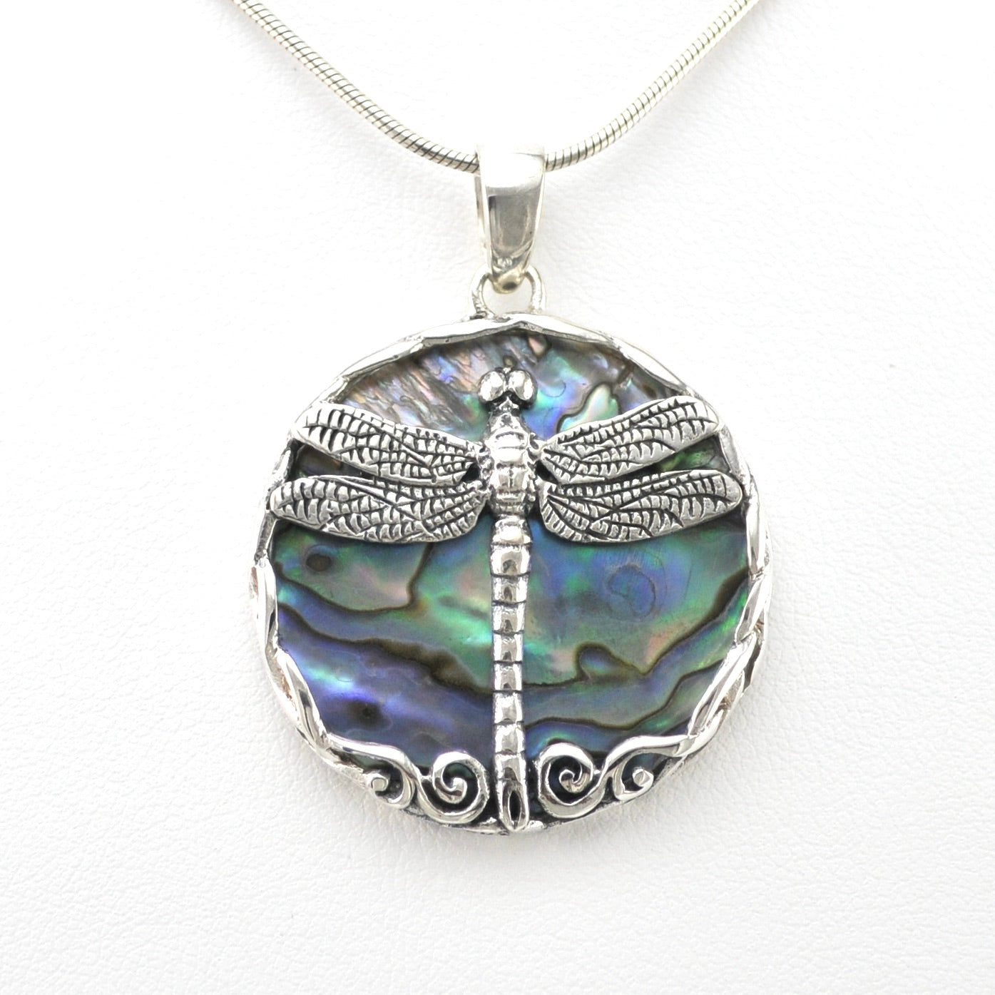 Front View Silver Abalone Dragonfly Pendant