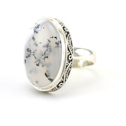 Sterling Silver Dendritic Agate 16x22mm Oval Bali Ring