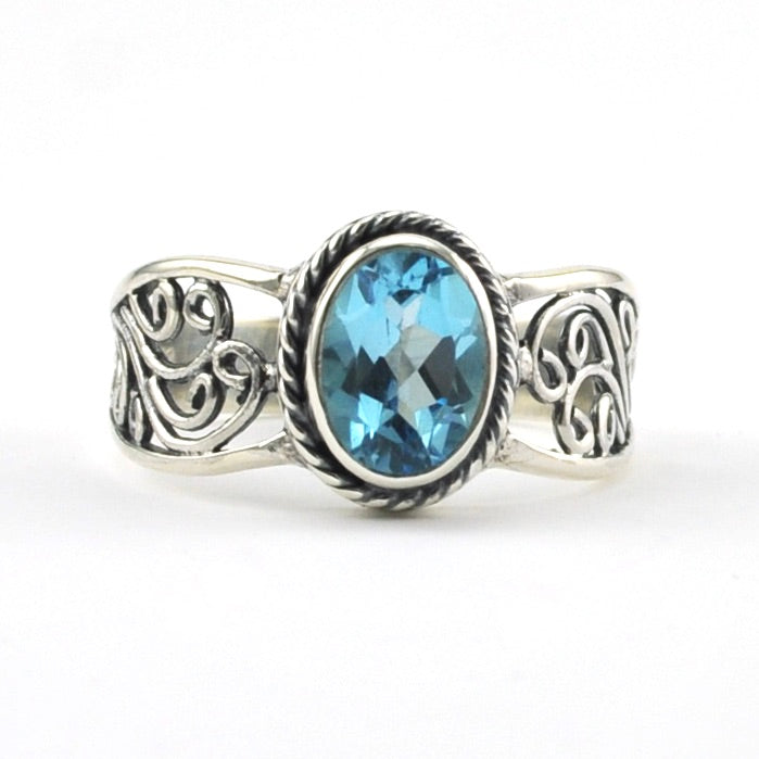 Front View Sterling Silver Blue Topaz 6x8mm Scroll Bali Ring