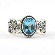 Front View Sterling Silver Blue Topaz 6x8mm Scroll Bali Ring