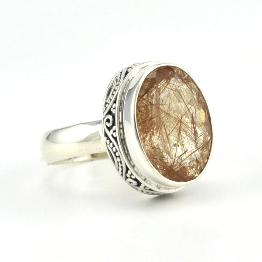 Side View Sterling Silver Rutilated Quartz 11x15mm Oval Bali Ring