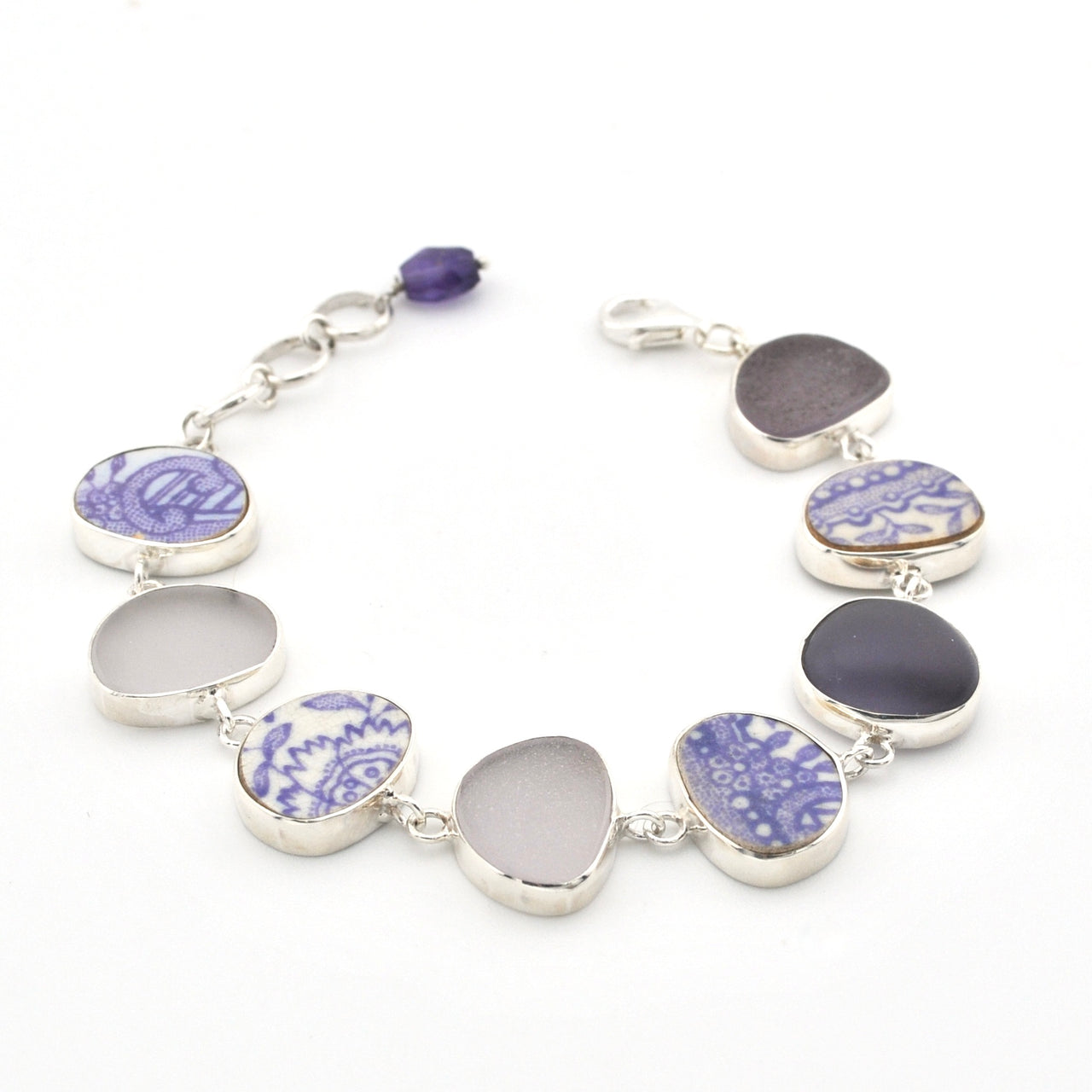 Sterling Silver Lavender Sea Glass and Vintage Porcelain Bracelet