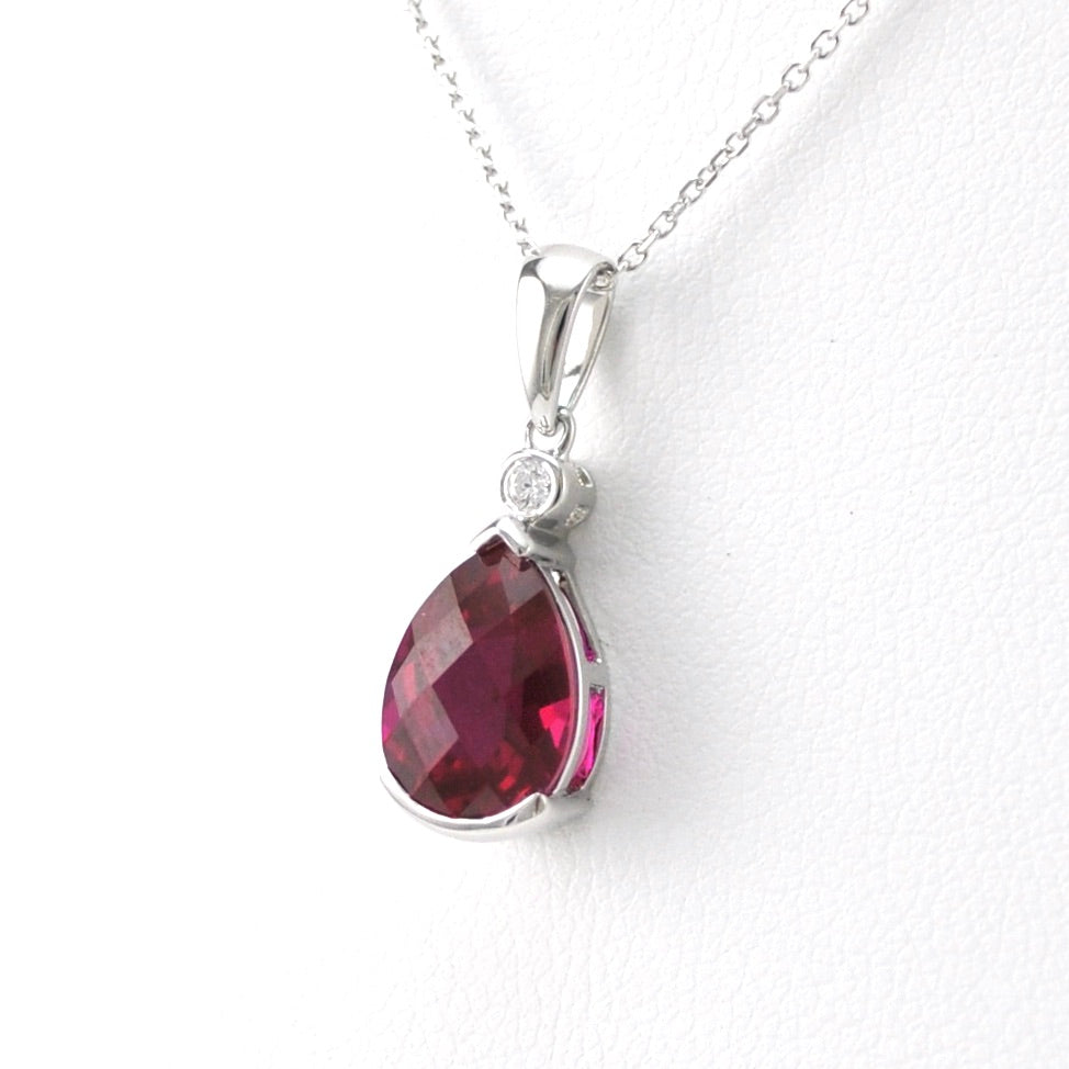 Silver Created Ruby 4ct Tear with Cubic Zirconia Necklace